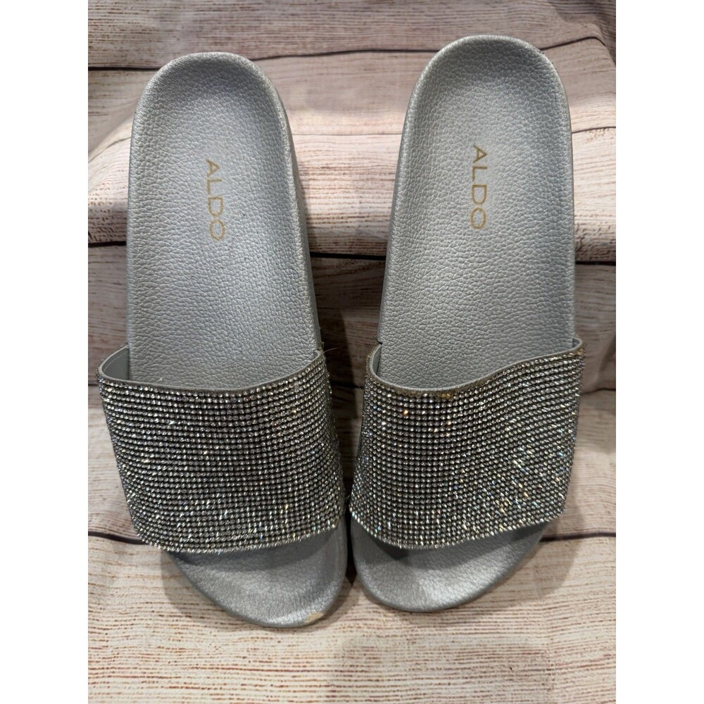 ALDO Womens Silver CRYSTAL Bling Sandals Slides Slip On Shoes Size 6